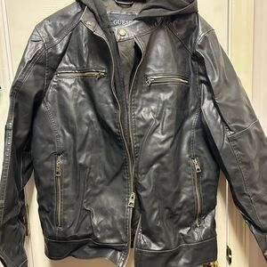 GUESS Men's Gray Leather Bomber Jacket